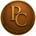 Bronze coin featuring large 'PC' initials with 'Pioneers Circle' around the rim